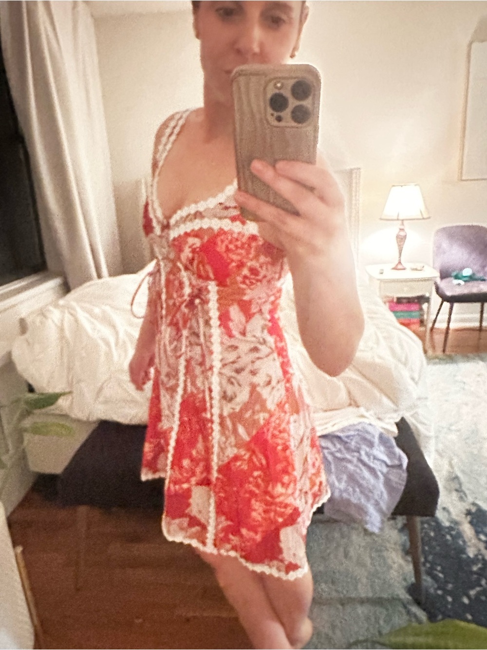 Floral Lace-Trim Corset Mini Dress - Red & Cream - Picture 6 of 10